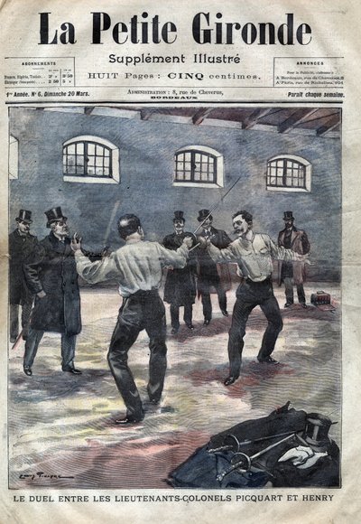 Dreyfusaffären: duellen mellan överstelöjtnant Georges Picquart (1854-1914) och Hubert Henry (1846-1898) på militärskolan i Paris. Omslag till ”La petite Gironde” från mars 1898 (gravyr) av French School