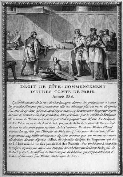 Droit de Gite, Början av Eudes, greve av Paris, år 888. Kung Guy (Gui) III, hertig av Spolete (död 894) var heberger av Eveque of Metz under rätten till en stuga (feodal rätt som ger en herre rätten att vara heberger av sitt folk när han flyttar in av French School