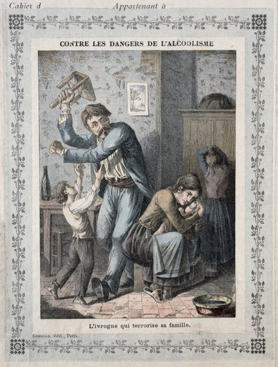 Fyllare som terroriserar sin familj, omslag till en skolskrivbok. c.1900 av French School