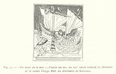 Från att drunkna i havet; efter en ms från 1200-talet med titeln The Miracles of the Blessed Virgin, Bibl of the seminary of Soissons (gravyr) av French School