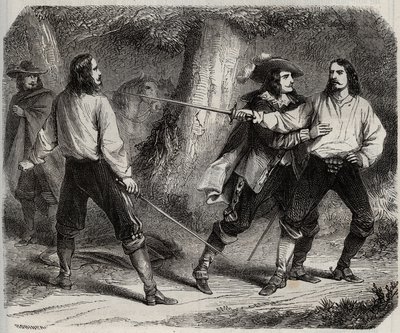 Duell har svärdet mellan viscounten av Cahuzac och markisen av Gesvres, vars drottning av Frankrike Anne av Österrike är kär, i skogen i Vincennes. 1600-talet. Gravyr från 1871 i "Histoire Des Cocuses Celebres"" av Henry de Kock (1819-1892). av French School