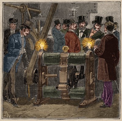Dynamo elektrisk maskin av typen Gram (Zenobe Theophile Gram) som producerar likström, elektrisk erfarenhet i maskinrummet på Conservatoire des arts et metiers de Paris (cirka 1881). Gravyr från 1885 i "" Les arts et metiers illustres"" av Ad av French School