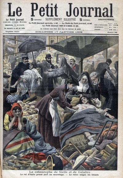 Jordbävning på Sicilien, Kalabrien 1909 "Le Petit Journal" i januari 1909 (gravyr) av French School