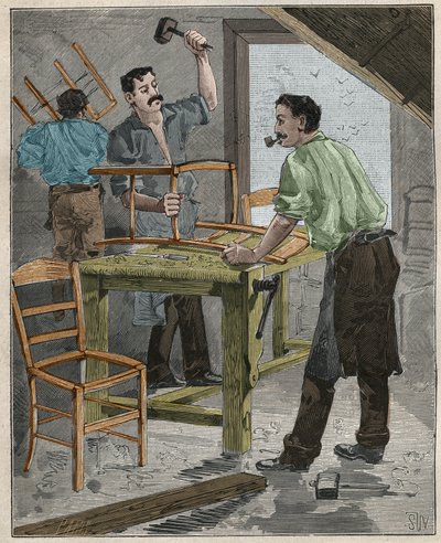 Ebenisterie: montering av stolar på 1800-talet i Frankrike. Gravyr från 1885 i "" Les arts et metiers illustres"" av Adolphe BITARD. av French School