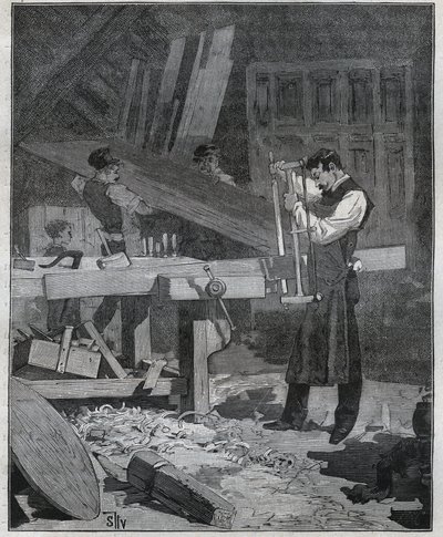 Ebenisterie: ebenist arbetare dela en styrelse på den etablerade. Gravyr från 1885 i "" Les arts et metiers illustres"" av Adolphe BITARD. av French School