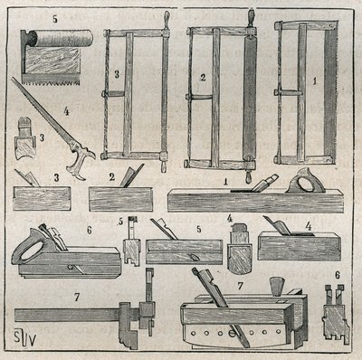 Ebenisterie: vanliga verktyg, sågar och hyvling. Gravyr från 1885 i "" Les arts et metiers illustres"" av Adolphe BITARD. av French School