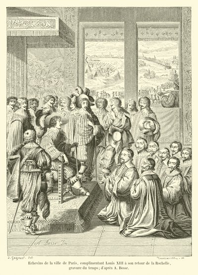 Aldermen av staden Paris, komplimanger Louis XIII på hans återkomst från La Rochelle, tidsgravyr; efter A Bosse av French School