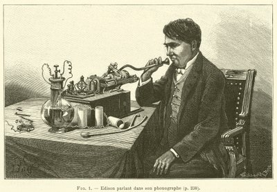 Edison talar in i sin fonograf (gravyr) av French School