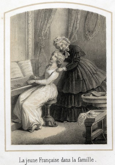 Utbildning för unga flickor i goda familjer: en ung fransk kvinna som sitter på pianot tas över av sin hushållerska. Anonym gravyr från 1800-talet av French School