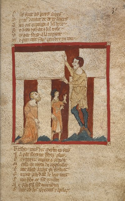Egerton 3028, f.30 Building of Stonehenge. Stonehenge byggdes med hjälp av Merlin, mitten av 1300-talet av French School