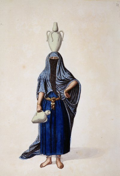 Egyptisk kvinna som bär en Ibrik-vattenkruka, troligen av Cousinery, ottomansk period, tredje kvartalet av 1700-talet (wc på papper) av French School