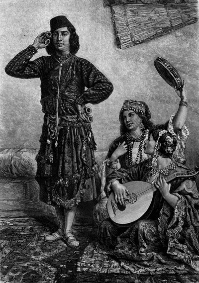 Egyptiska musiker och dansare. Man håller cymbaler mellan fingrarna. Gravyr i "" Le Journal de la jeunesse"" av French School