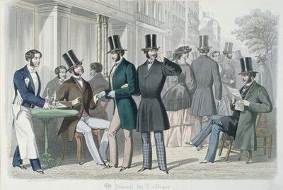 Eleganta unga män på terrassen till ett café, 1857 (färggravyr) av French School