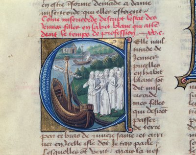 Ombordstigning av välgörenhetssystrarna på Hotel Dieu de Paris, från Le Livre de Vie Active de lHotel Dieu av Jean Henry, ca 1482 av French School