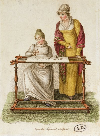 Broderi, ca 1810-20 (färgad gravyr) av French School