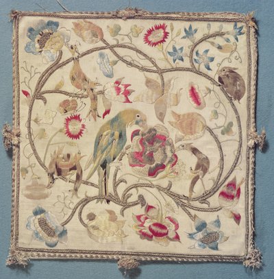 Broderi med en design av papegojor av French School