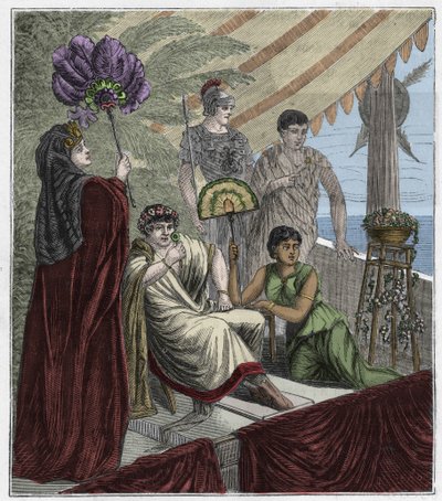 Smaragdblad som används som optiskt instrument av kejsar Nero, kejsar Nero, kejsare av Rom (54-68 e.Kr.) som tittar på gladiatorstrider genom en konkavt slipad smaragd som fungerar som en lins för att korrigera hans närsynthet - Gravyr i "Sciences mises à  av French School