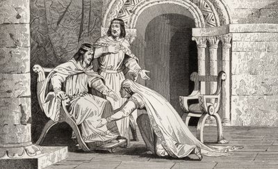 Emme kysser sin make Raoul (d.936) på knä för att erkänna hans suveränitet, ur "Histoire de France" av Colart, publicerad omkring 1840. av French School