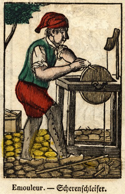 Emouleur (består av att skärpa föremål med slipskivan); Serie om hantverk, bild av Epinal från 1800-talet. av French School