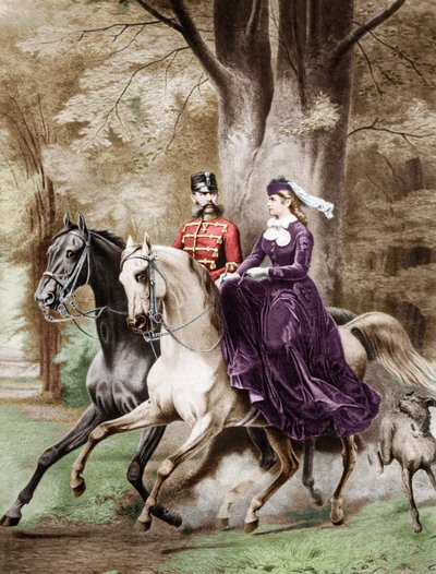 Kejsar Franz Joseph den förste och kejsarinnan Elisabeth av Österrike från Wittelsbach (1837-1898) till häst (gravyr) av French School
