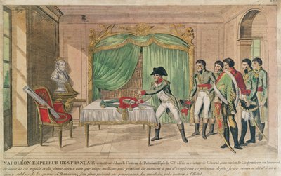 Kejsar Napoleon I överväger Fredrik den Stores svärd i Potsdam 1806 (färgstick) av French School
