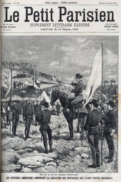Slutet på det spansk-amerikanska kriget (American Hispano) 1898. Amerikanska officerare tillkännager upphörande av fientligheterna vid de spanska utposterna. Gravyr i "" Le petit parisien"" från 1898. av French School