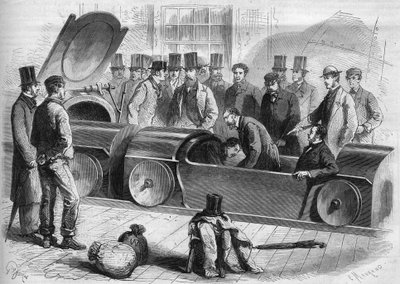 England 1865: London Air Railway. Hertigen av Buckingham och flera medlemmar av företaget började den pneumatiska resan. Gravyr från 1865. av French School
