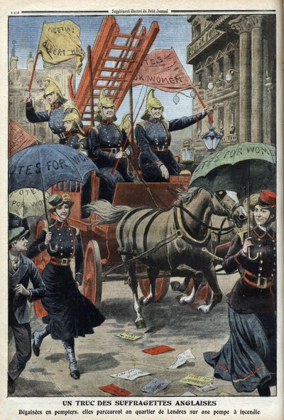 Engelska suffragetter klädda som brandmän, från 