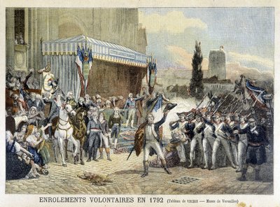 Inskrivning av frivilliga 1792 (färgad gravyr) av French School