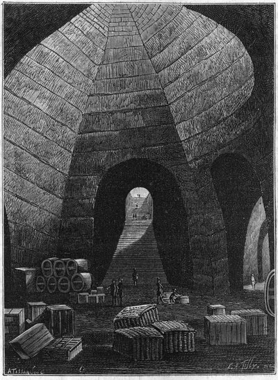 Går in i källare i champagnehuset Theophile Roederer som grundades i Reims 1864. av French School