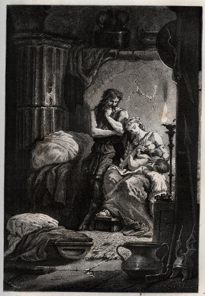 Eponine och hennes man Julius Sabinus (död 78 e.Kr.) bor hemligt i en grotta för att undkomma Vespasianus kejsare (9-79) - Sabinus och hans fru Eponine, gömda i en grotta - gravyr från "" L