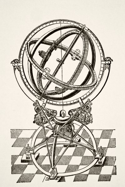 Ekvatorialringar eller cirklar, efter koppargravyr i boken Tychonis Brahe Astronomiae Instauratae Mechanica från 1602, från vetenskap och litteratur under medeltiden av Paul Lacroix pub. London 1878 av French School