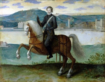 Ridsporträtt av Henri IV (1553-1610) Frankrikes kung, framför Paris murar, 1594 av French School