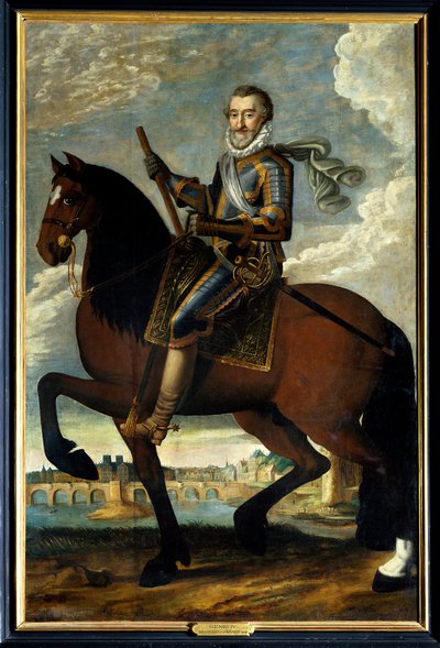 Ridsporträtt av Henrik IV (1553-1610) kung av Frankrike framför Pont Neuf i Paris. Anonym målning från 1600-talet. Olja på duk. Obligatoriskt omnämnande: Sully sur Loire, Chateau de Sully av French School