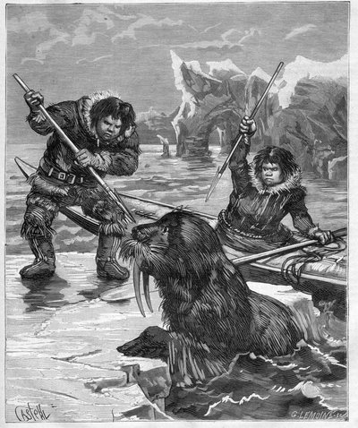Eskimåer - fiskande valross - Eskimåer - valrossfiske 1888 - - Gravyr i "Journal des Voyages"" 1888 av French School