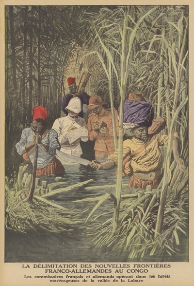 Fastställande av gränsen mellan franska och tyska territorier i Kongo (färg litho) av French School