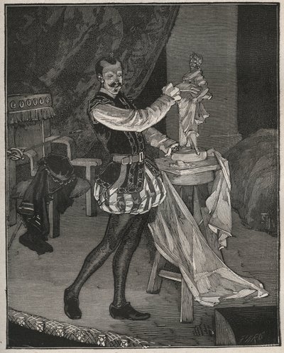 Etienne Marin Melingue (1808-1875), fransk skådespelare som spelar skulptören Benvenuto Cellini i Alexandre Dumas peres "Ascanio", anpassad till scenen av Paul Meurice. Gravyr från 1880 i ""Les arts et professions illustrés"" av Adolphe BITARD. av French School