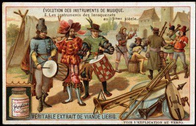 Evolution av musikinstrument: Lansquenets instrument på 1400-talet. Militär trumma, flöjt, triangel, trumpet, en sorts säckpipa och andra stråkinstrument. Sent 1800-tal liebig kromolitografi. av French School