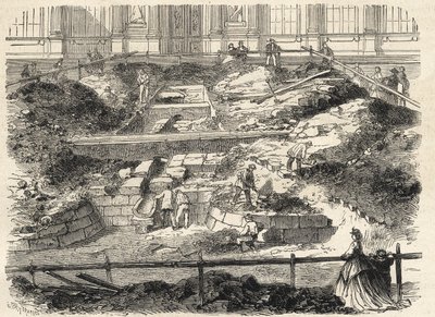 Utgrävningar i Cour Carree du Louvren - Upptäckt av grunden till det före detta tornet Philippe Auguste - Utgrävningar utförda på Louvrens innergård - uppdatering av grunderna för det tidigare Tour Philippe-Auguste - Gravyr i "Le monde i av French School