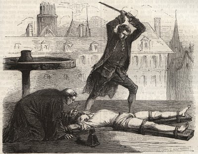 Avrättning (Le torice de la roue) av förgiftaren Antoine-Francois (Antoine Francois) Desrues (1744-1777) på Place des Greves i Paris 1777 - Desrues straff, bruten på hjulet på Place de Greve i Paris av French School