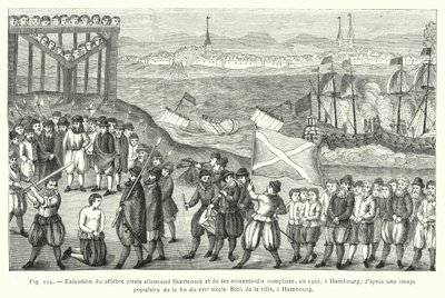 Avrättning av den berömda tyska piraten Stoerteneck och hans sjuttio medbrottslingar, 1402, i Hamburg; efter en populär bild från slutet av 1500-talet, City Bibl, Hamburg (gravyr) av French School
