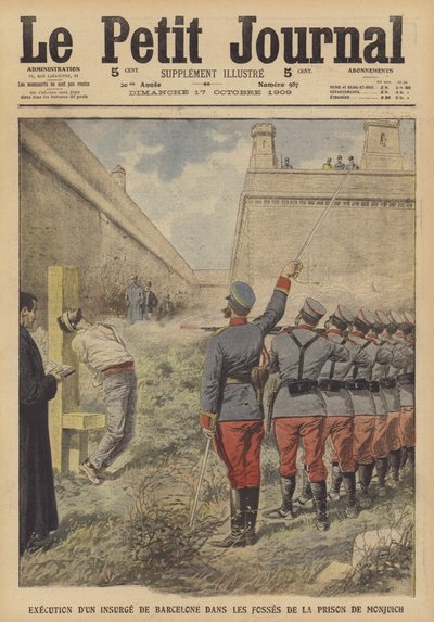 Avrättning av en deltagare i upproren i Barcelona i juli 1909 i Monjuich-fängelset (färg litho) av French School