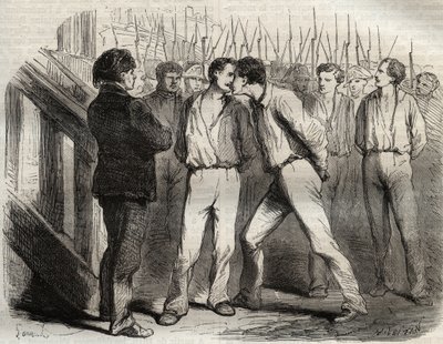 Avrättning av de fyra sergeanterna i La Rochelle den 21 september 1822: Bories, Raoulx, Gaubin, Pommier - Raoulx, som skulle passera den första, bad att få omfamna sina kamrater - Gravyr i "" Causes celebres de tous les peuples"" av Armand Fouquier (1817-1 av French School