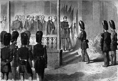 Expedition till Mexiko (1861-1867): Napoleon III (1808-1873) låter sergeanterna från gardets grenadjärregementen få flaggorna som tagits av den franska armén i Mexiko av French School
