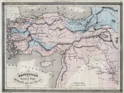 Expedition av Cyrus den Unga (5:e århundradet f.Kr.) och reträtt av de tio milen - Plåt extraherad från "" Universal Atlas av antik och modern geografi för bostadsskolor"" av Vuillemin - ca. 1845 av French School