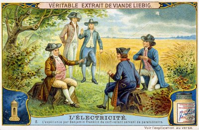Benjamin Franklins erfarenhet av flygande rådjur som används som blixtstång - Liebig-reklamdekal av French School