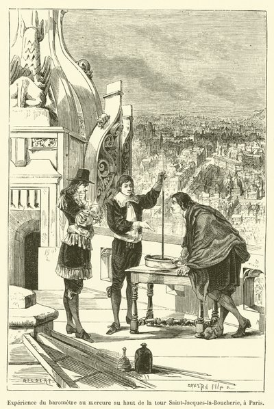 Upplevelse av kvicksilverbarometern på toppen av Saint-Jacques-la-Boucherie-tornet, i Paris (gravyr) av French School