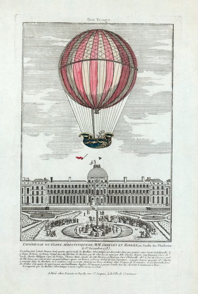 Erfarenhet av MM:s aerostatiska klot. Charles och Robert på Jardin des Thuileries den 1 december 1783, pub. 1783 (handfärgad gravyr) av French School