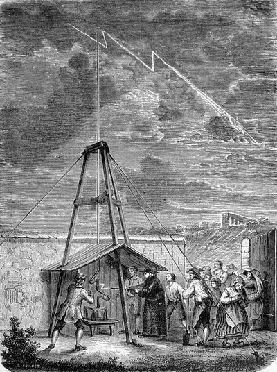 Erfarenhet gjord den 10 maj 1752 av Thomas Francois (Thomas-Francois) Dalibard (1703-1779) en Marly, första demonstration av närvaron av elektricitet i stormiga moln - gravyr av French School