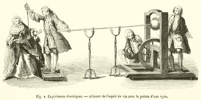 Elektriska experiment, tänder andan av vin med spetsen av ett svärd (gravyr) av French School
